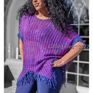Pink and Blue See-Thru Knit Poncho Top